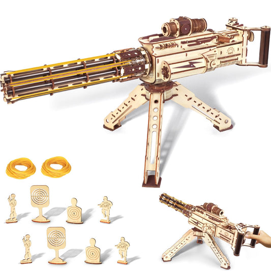 VATOS 3D puzzle machine gun front view reveals detailed woodwork and mechanical realism.