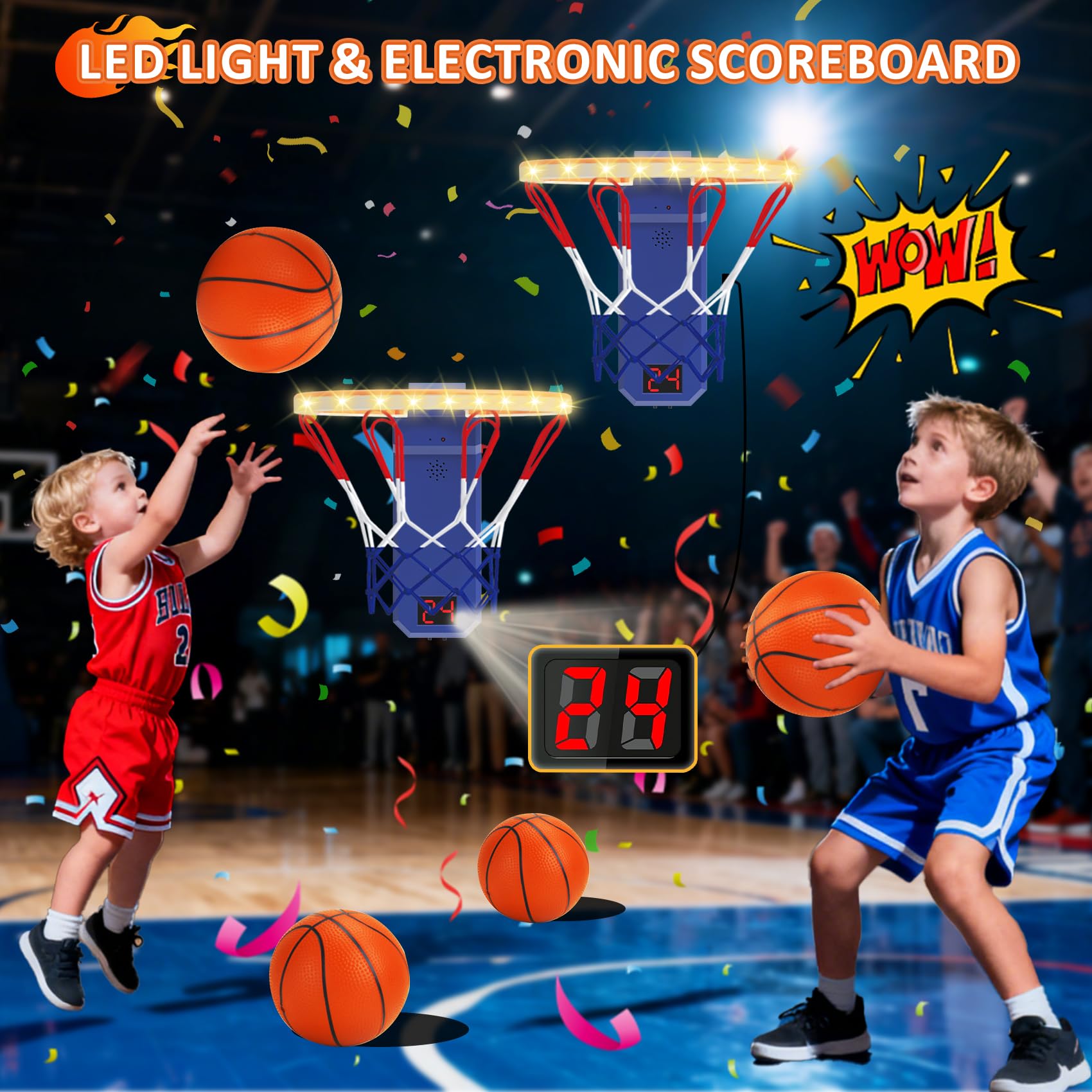 VATOS basketball hoop toy in competitive mode invites two-player friendly battles.