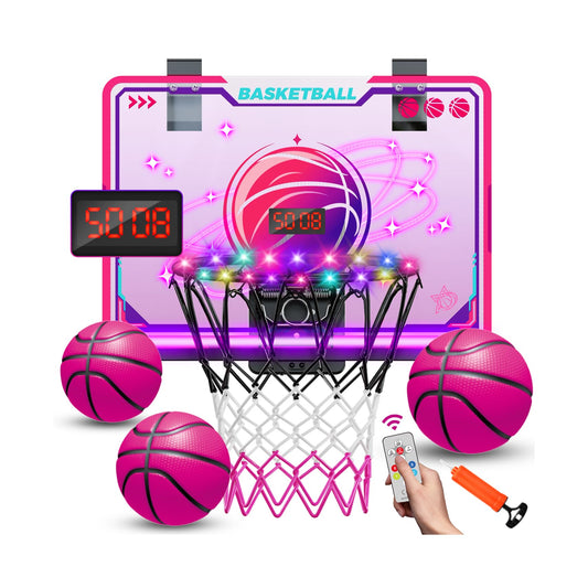 VATOS indoor basketball hoop for girls with LED glow rim enhances playtime.