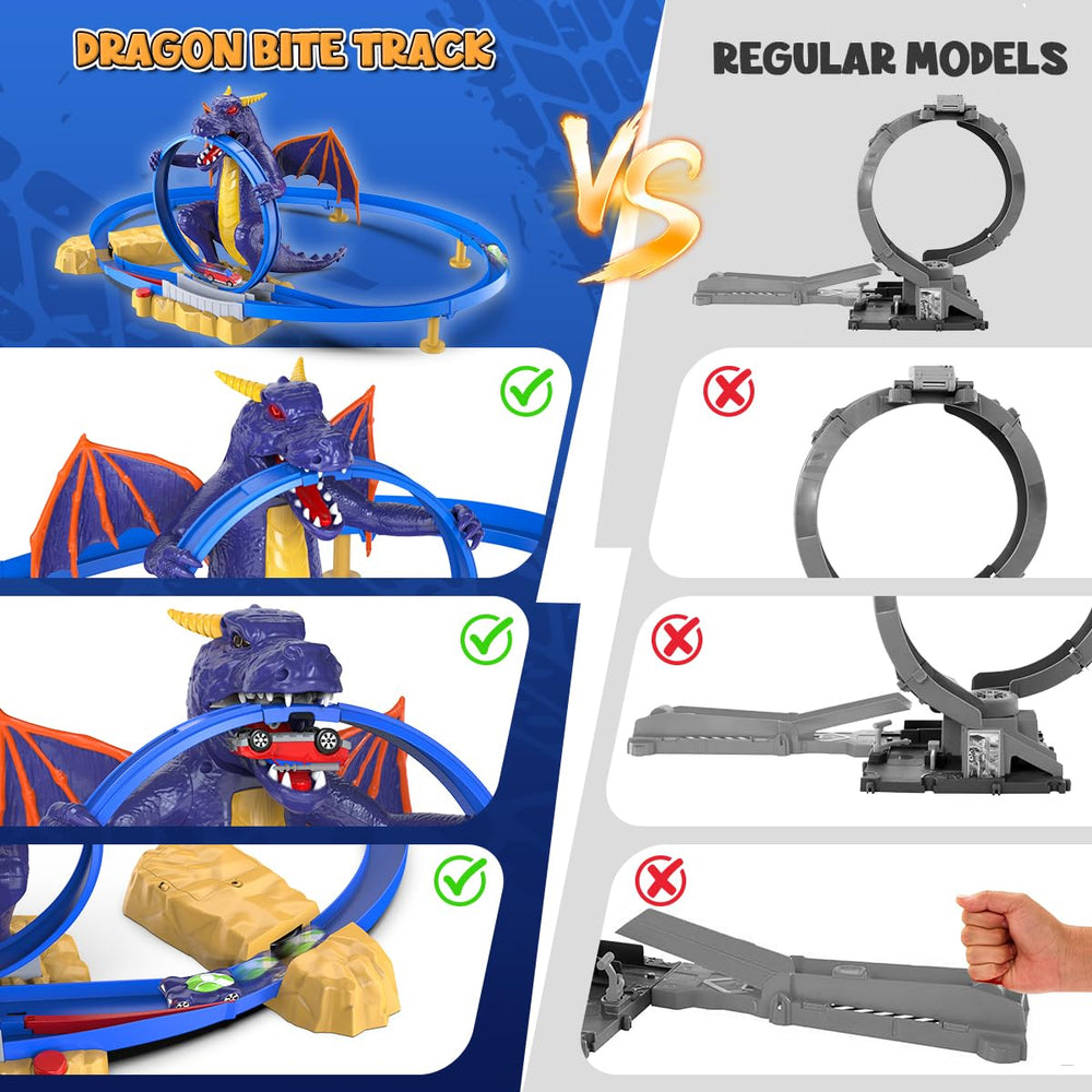 VATOS Dragon Slot Track Set dragon mouth clamp creates suspense as the car approaches.