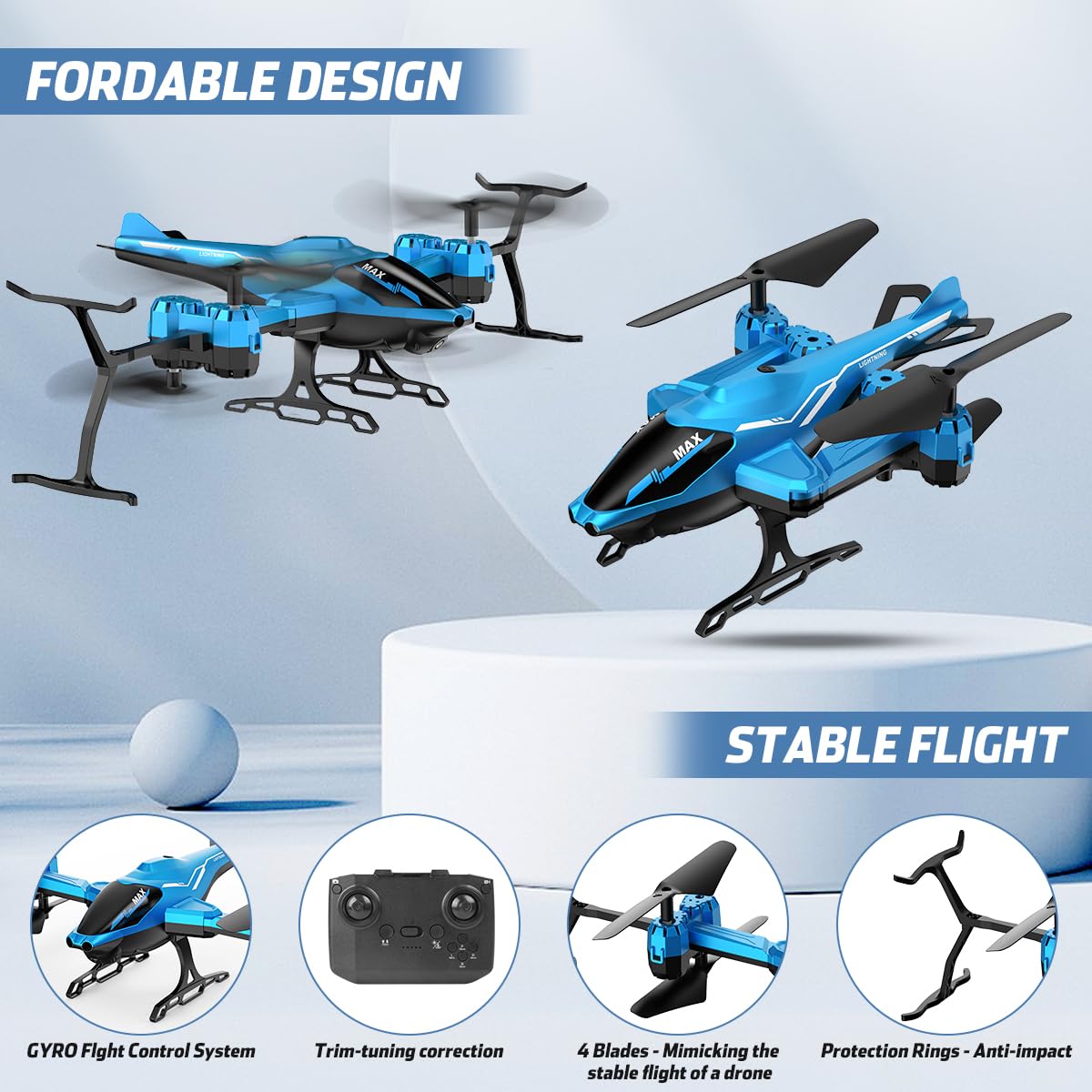 VATOS RC helicopter with bright LED lights for night-time visibility.