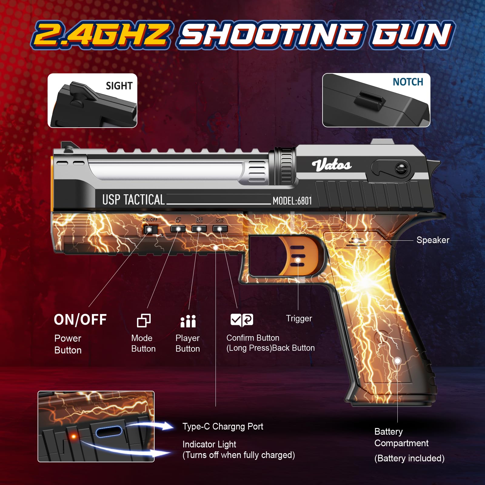 VATOS rechargeable shooting gun with clear voice feedback for quick scoring.