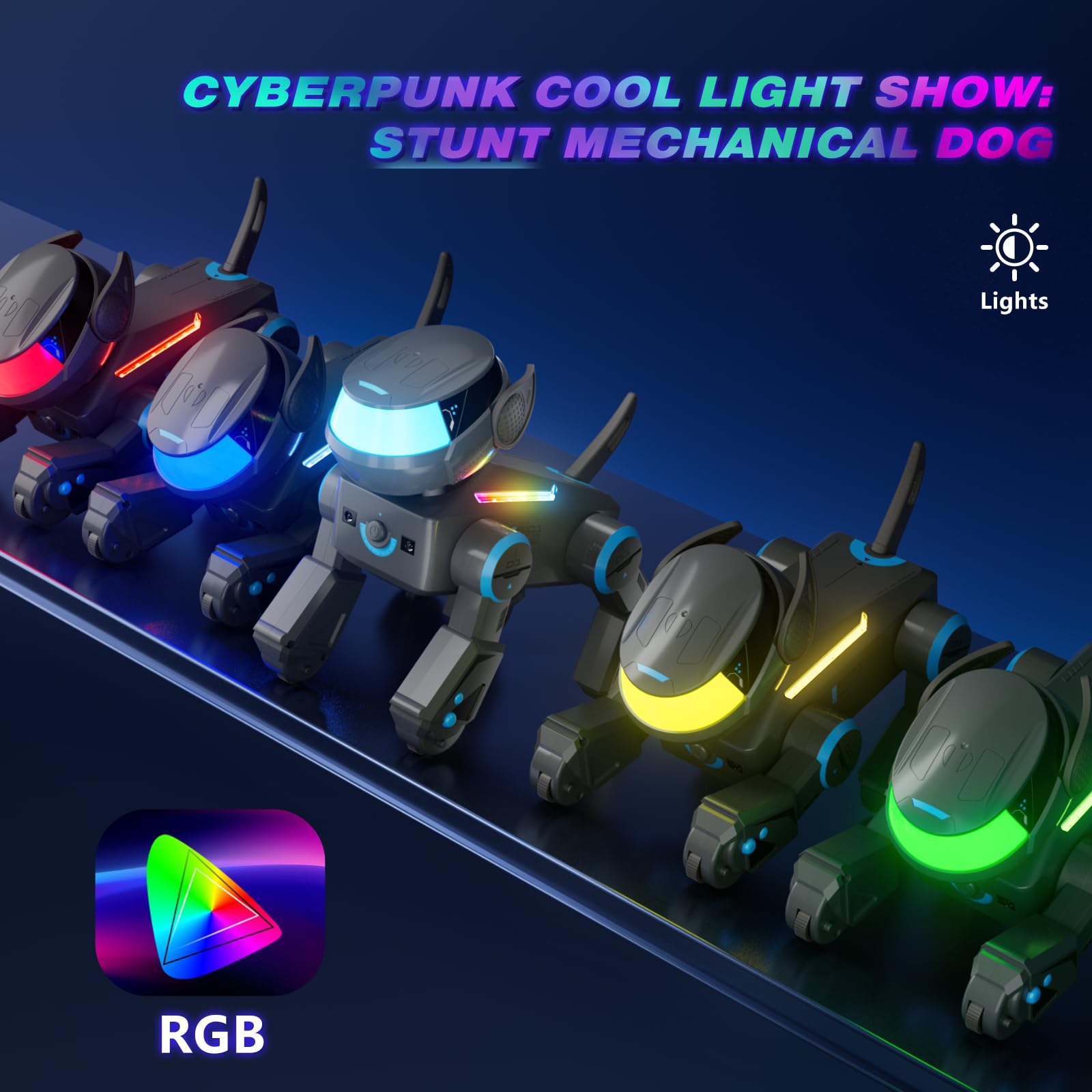 VATOS robot dog with color-changing lights during actions.