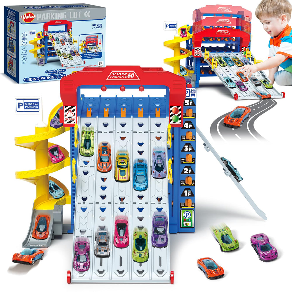 VATOS sliding track car on the top-level slide for fast-paced racing and imagination