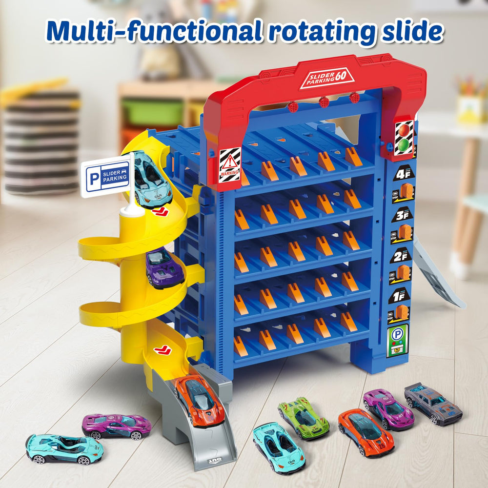 VATOS storage system showing 50-car capacity and rotating chute for varied play