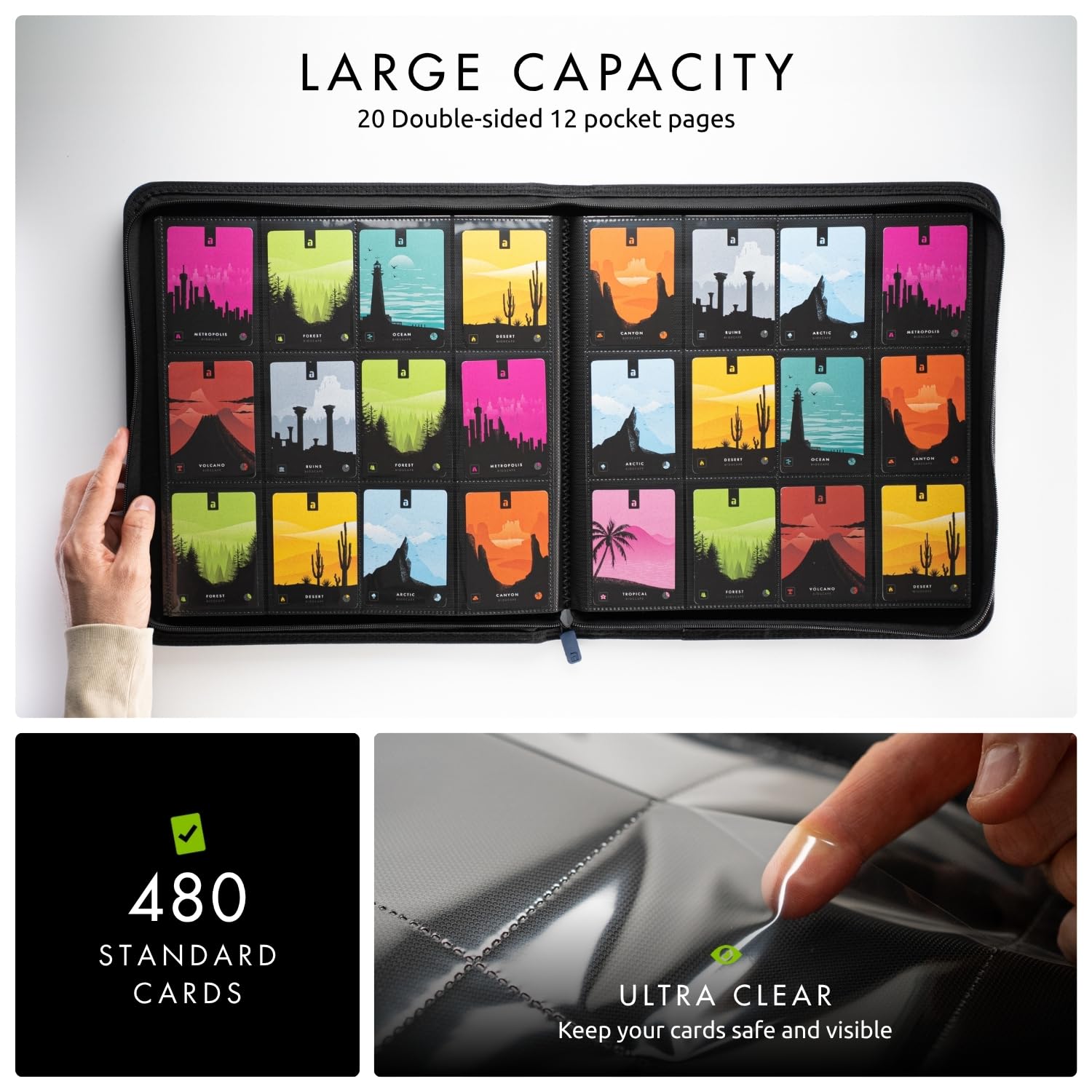 Vault X 12-pocket-per-page layout demonstrated for secure, efficient card storage during gameplay.