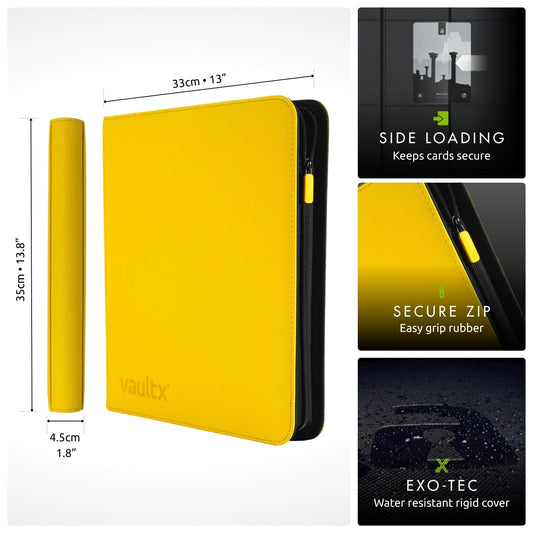 Vault X yellow binder interior with side-loading pockets keeps cards organized