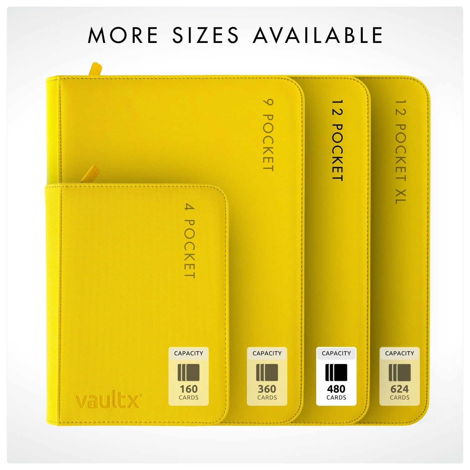 Vault X yellow binder shows compatibility with standard card sleeves for flexible protection