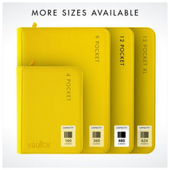 Vault X yellow binder shows compatibility with standard card sleeves for flexible protection