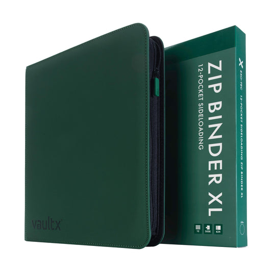 Vault X 12 XL Zip Binder green cover with 12-pocket pages for organized storage.