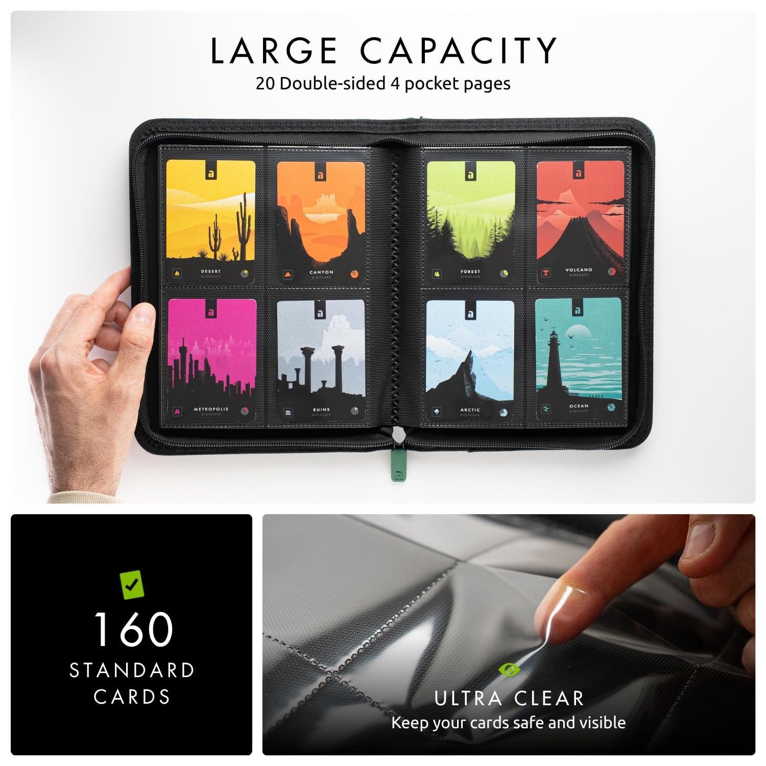 Binder opened to 20 double-sided pages with 4 pockets per page.