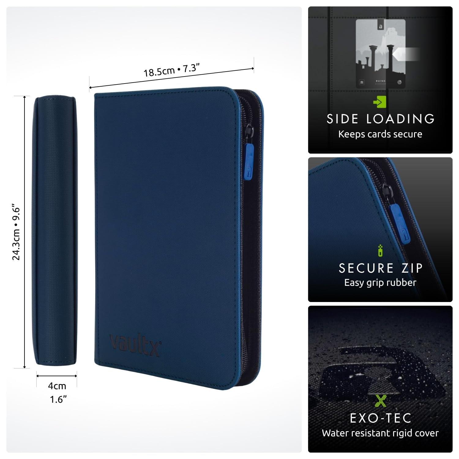Vault X 4-pocket blue binder interior demonstrates organized, high-capacity storage for up to 160 cards.