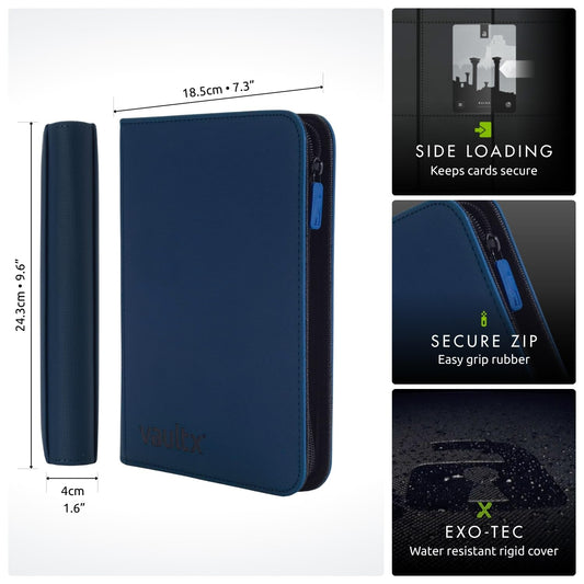 Vault X 4-pocket blue binder interior demonstrates organized, high-capacity storage for up to 160 cards.