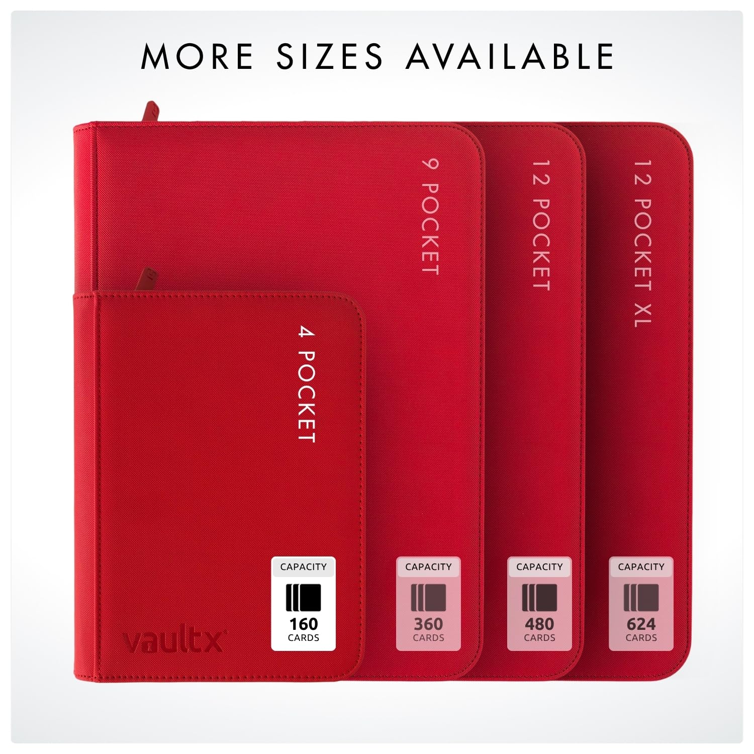 Vault X binder size and dimensions in red label showing sleeve compatibility.
