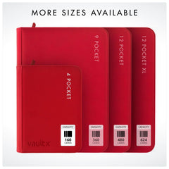 Vault X binder size and dimensions in red label showing sleeve compatibility.