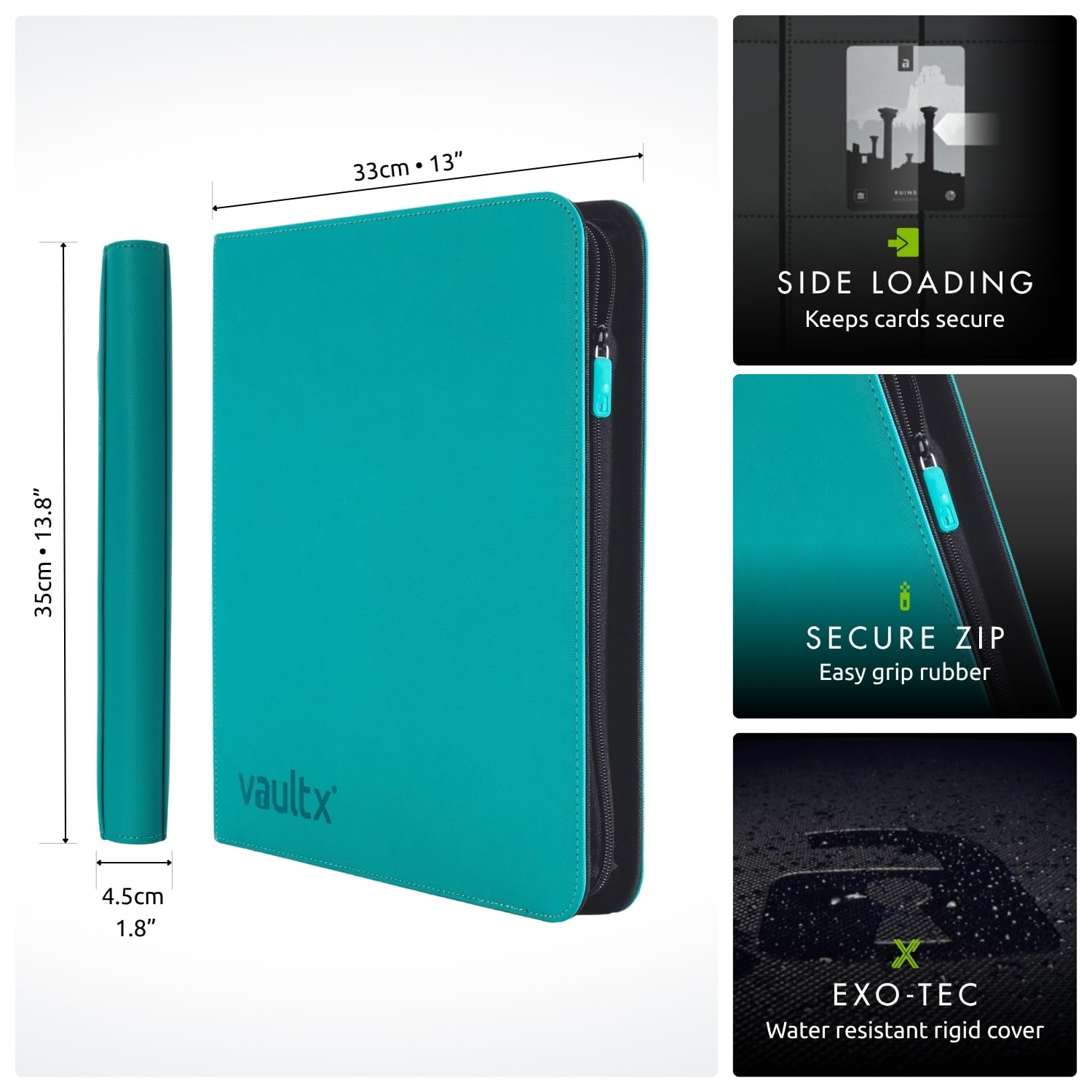 Vault X Exo-Tec material teal durability guards cards against wear and moisture.