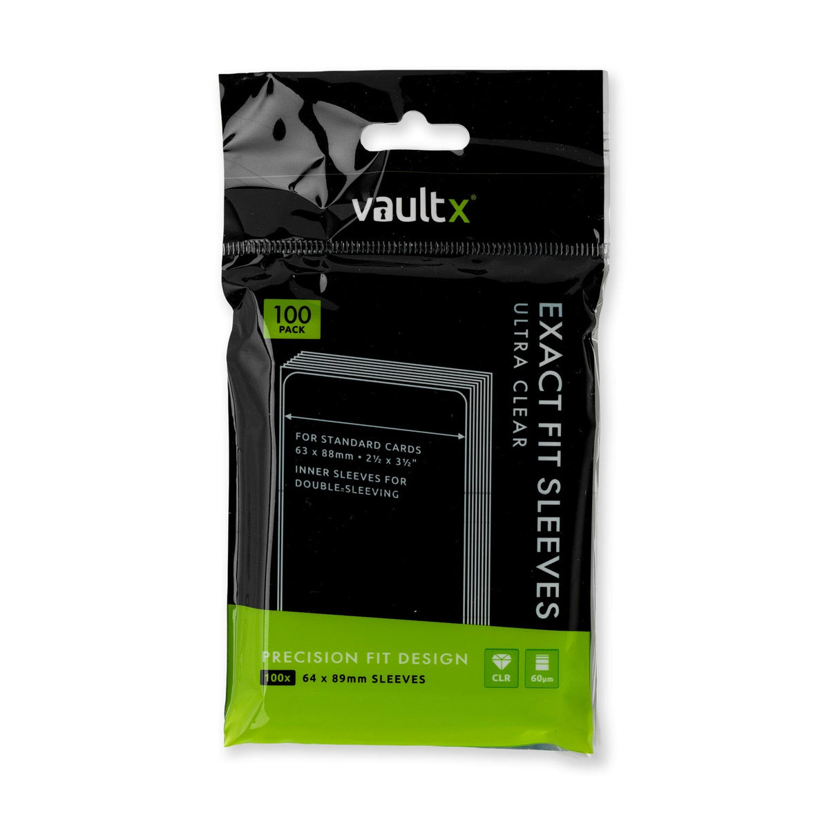 Vault X front packaging showing 100 clear exact-fit inner sleeves and benefits