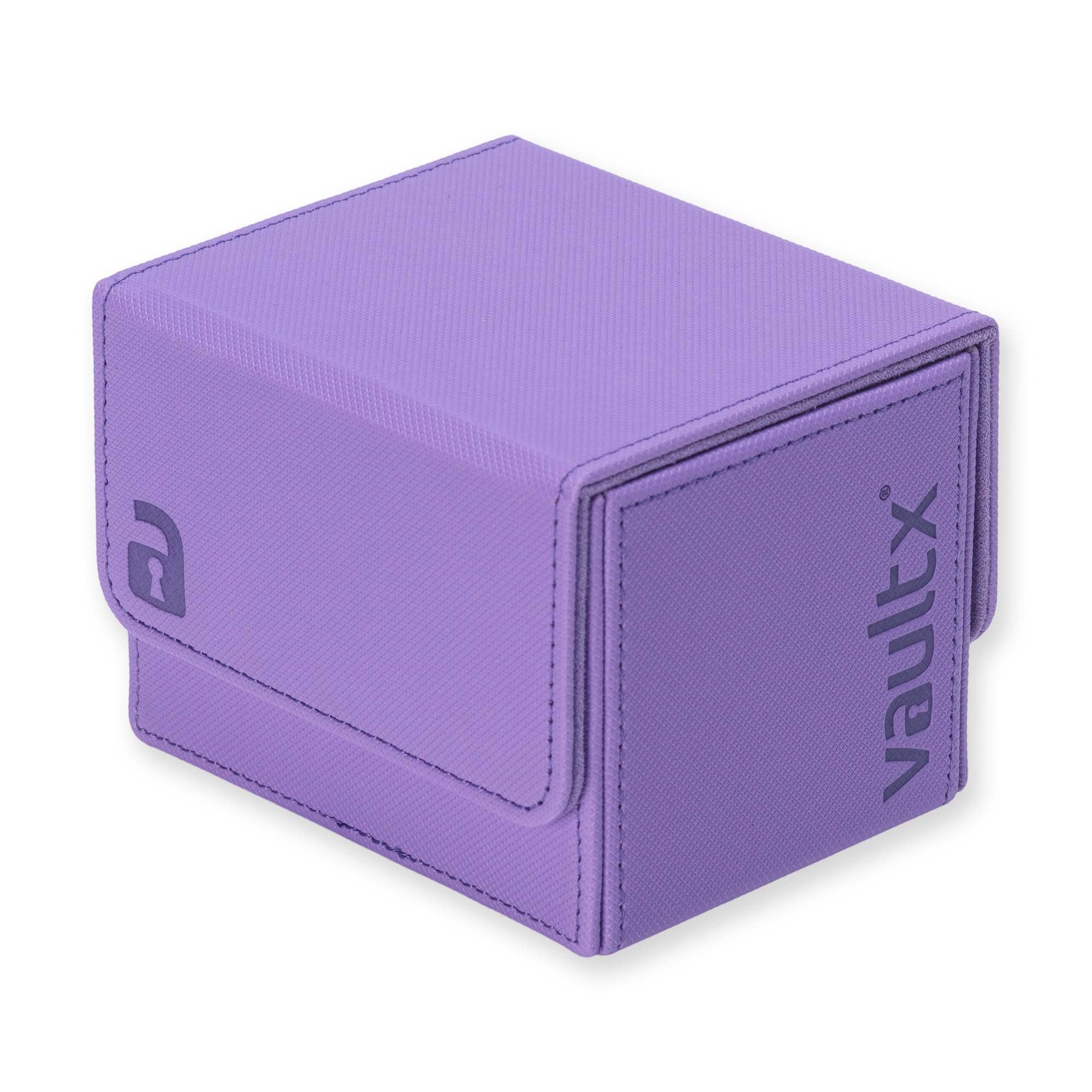 Vault X purple deck box front view showing compact, durable transport for cards