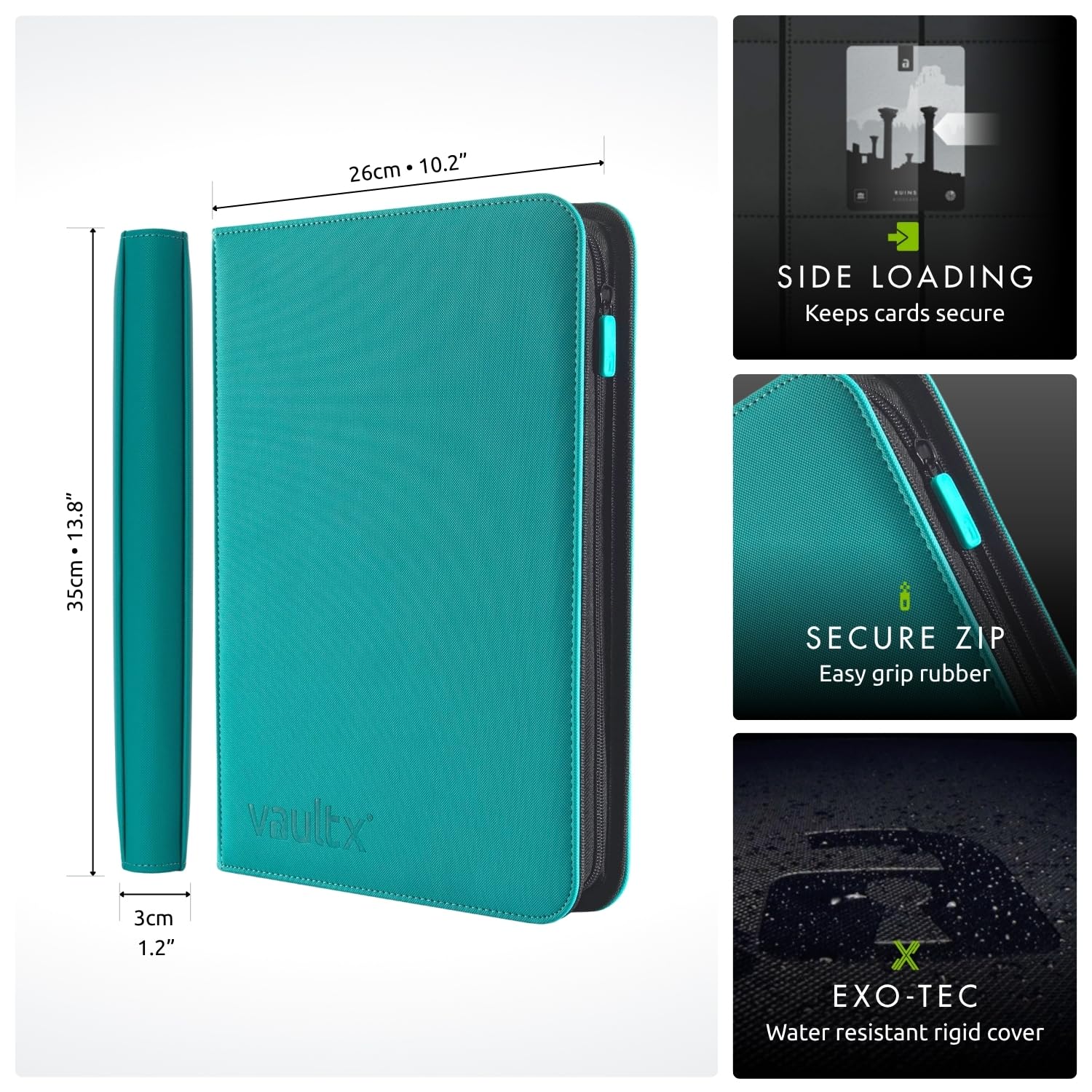 Vault X teal zip binder side view highlights slim profile and sturdy construction.