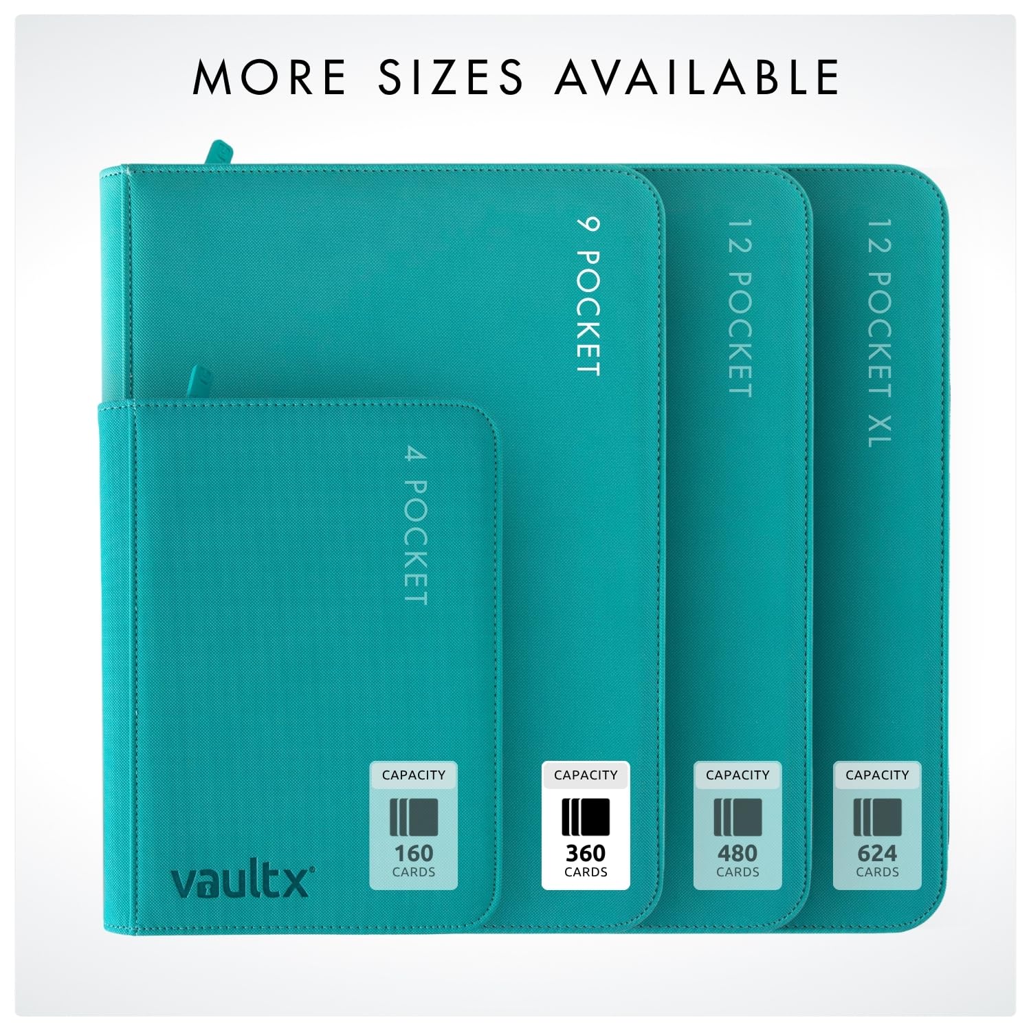 Vault X teal compatibility note shows fit with standard sleeves for safe storage.