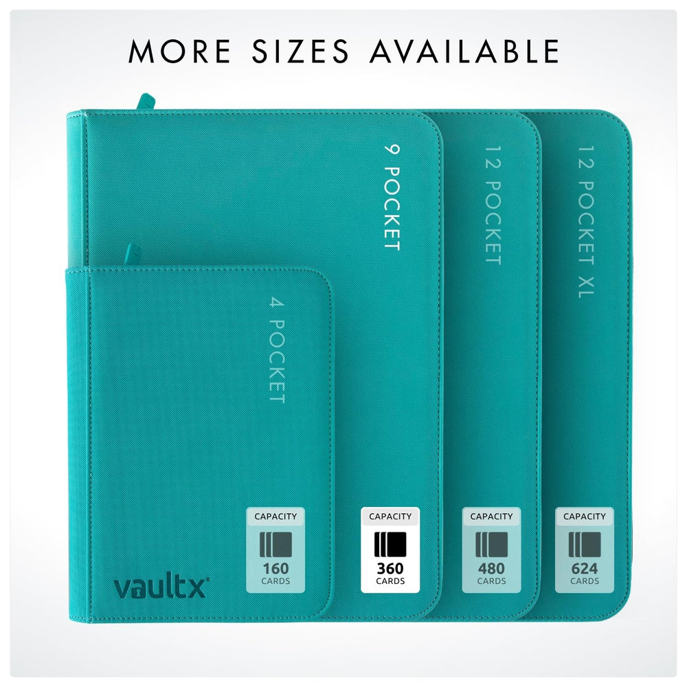 Vault X teal compatibility note shows fit with standard sleeves for safe storage.