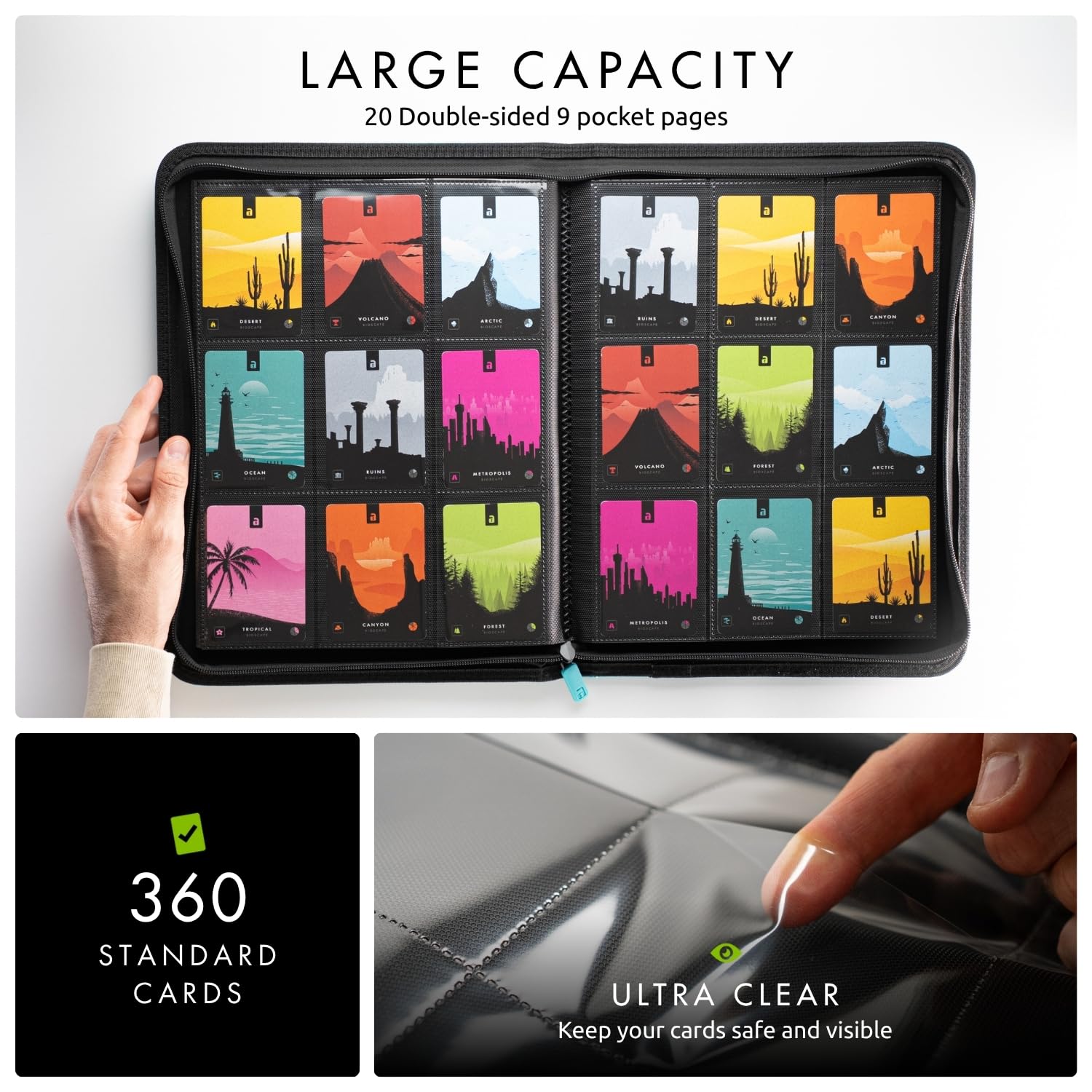 Vault X teal zip binder open pages reveals 20 double-sided pages for up to 360 cards.