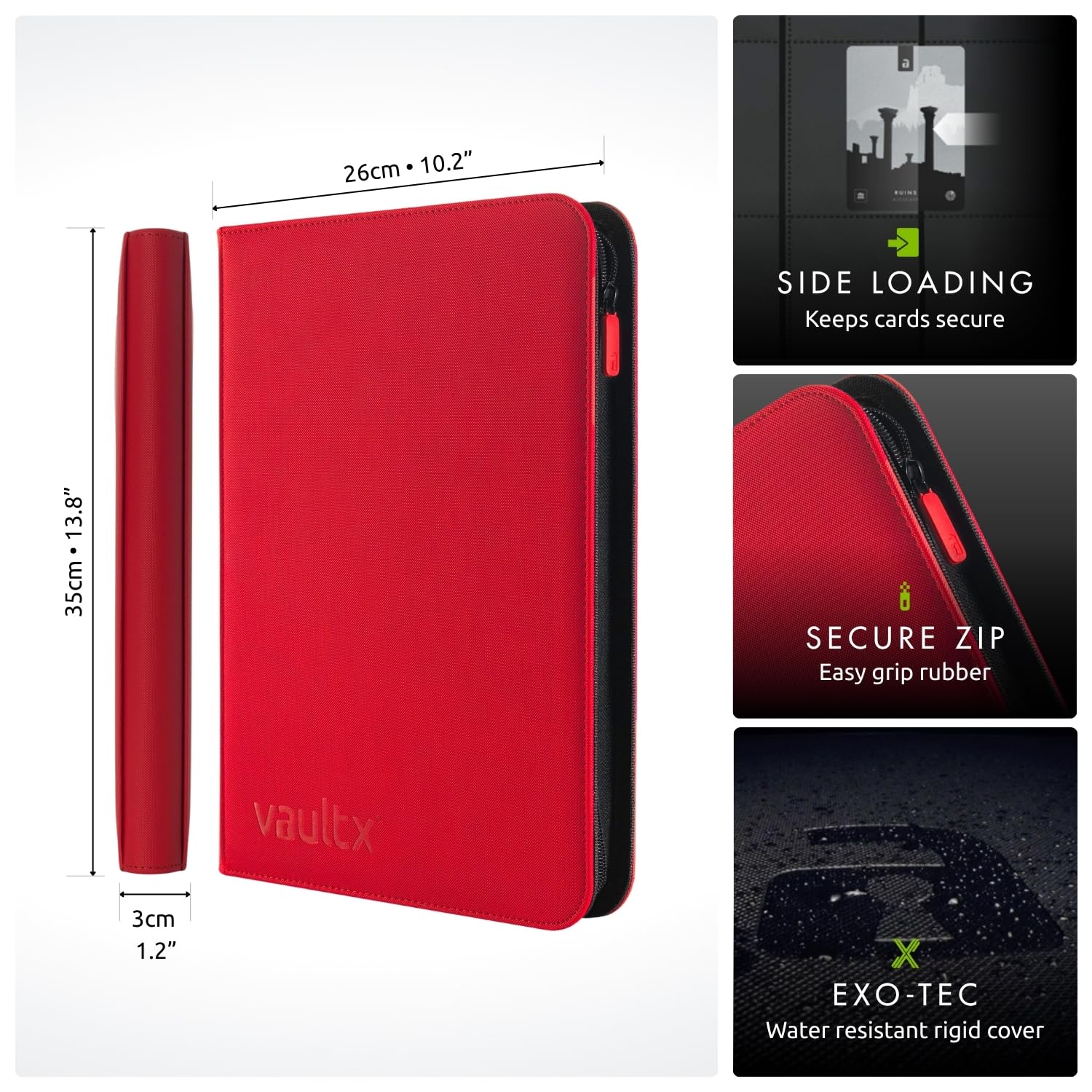 Vault X zipper closure keeps cards secure during transport.
