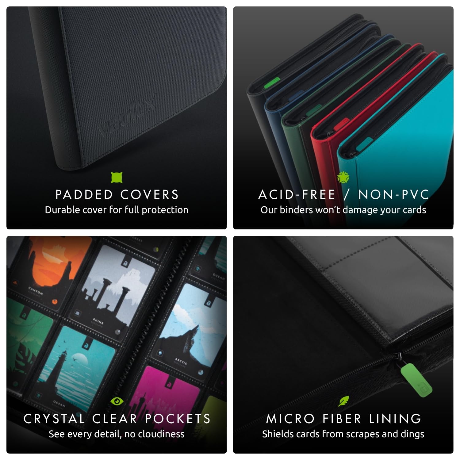 Vault X zipper closure provides secure, dust-free card storage