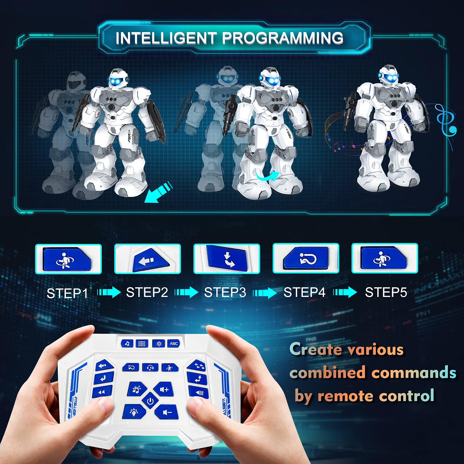 VAV RC robot LED eyes highlight vivid visuals during dances and games.