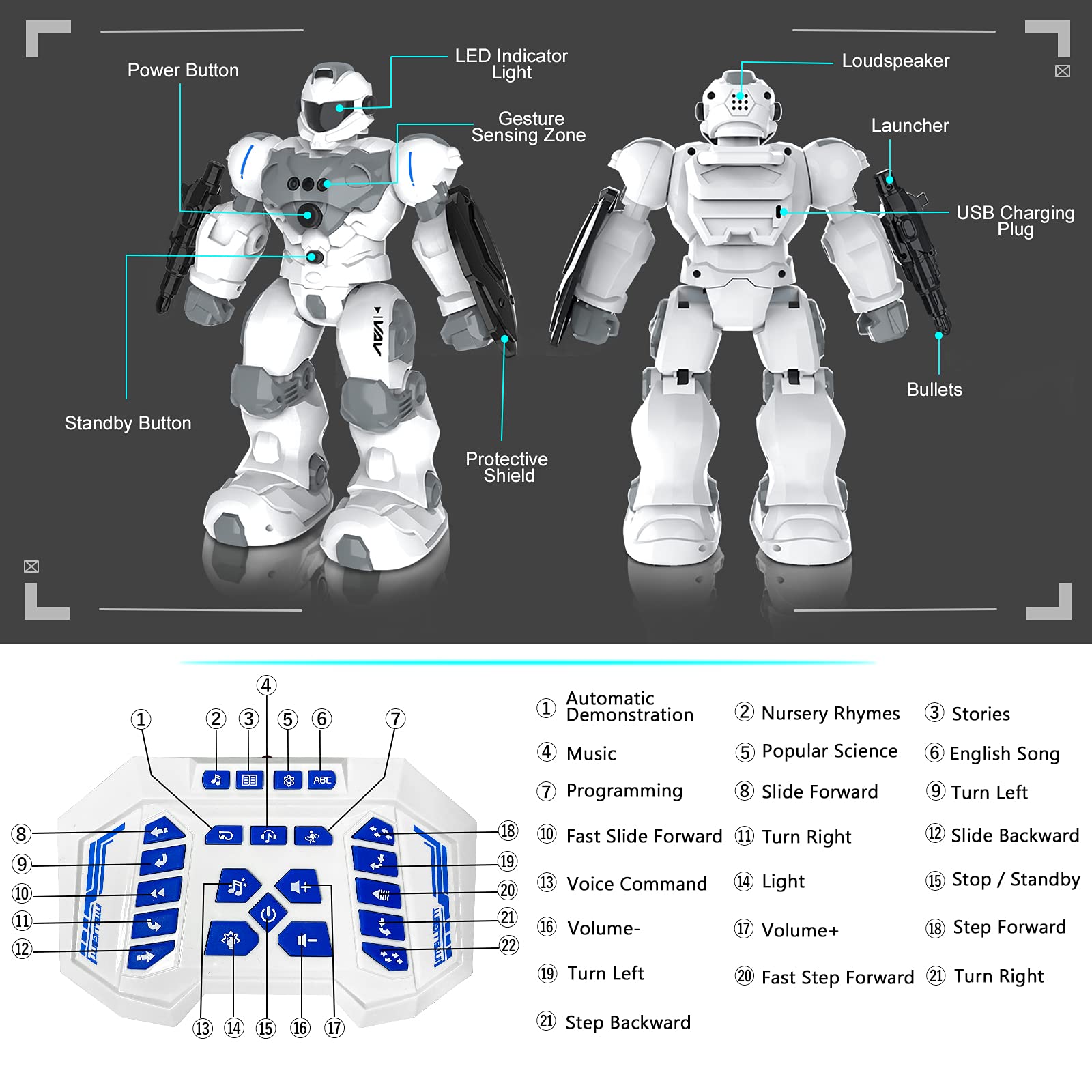 VAV USB recharge capable robot charges quickly for longer play sessions.