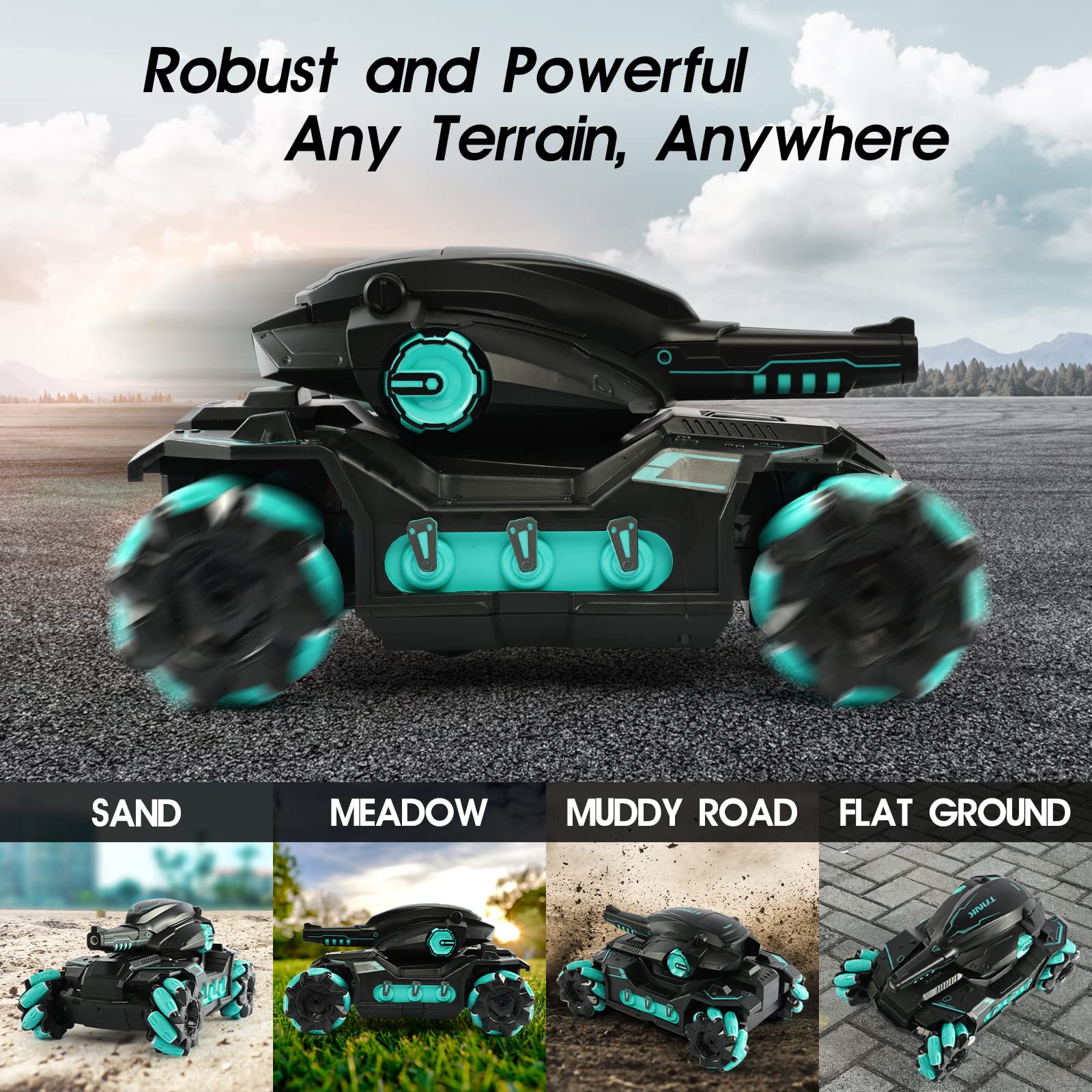 VBNCITY RC tank showing multi-direction wheels for versatile play