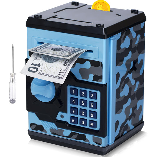 Vcertcpl ATM piggy bank camouflage bluegray front view showing secure savings for kids