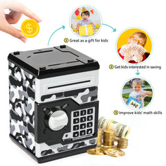 Vcertcpl ATM Piggy Bank camouflage gray bill slot enables convenient cash saving.