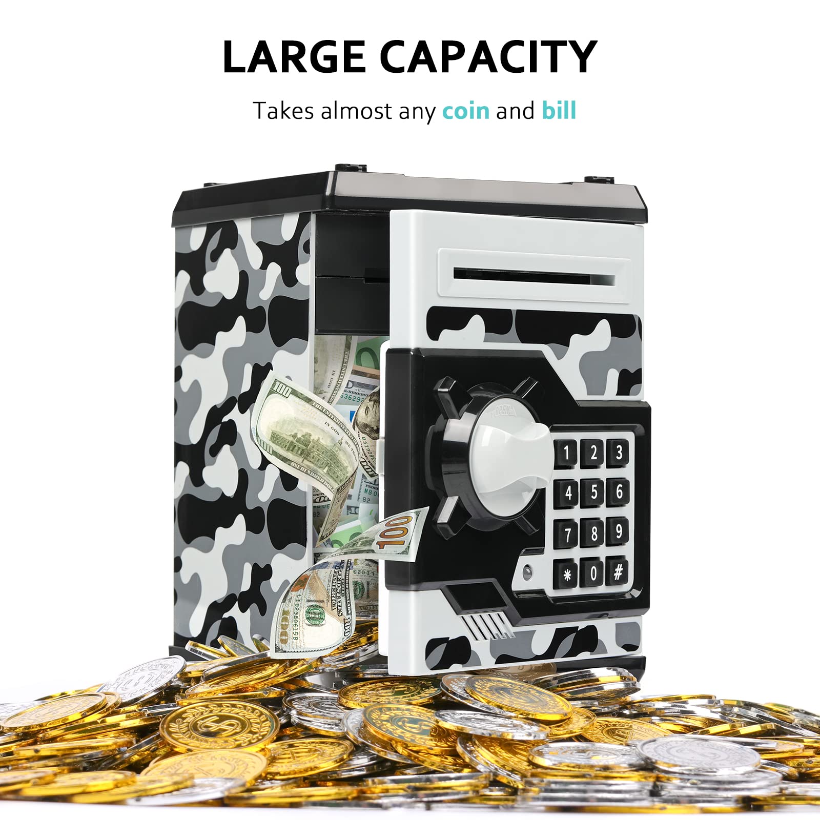 Vcertcpl ATM Piggy Bank camouflage gray coin slot supports quick coin deposits.