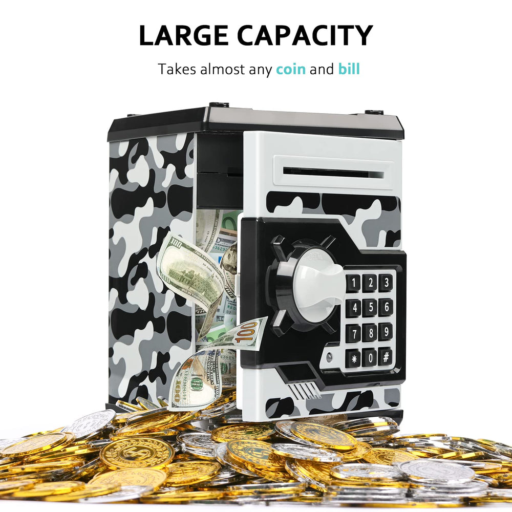 Vcertcpl ATM Piggy Bank camouflage gray coin slot supports quick coin deposits.