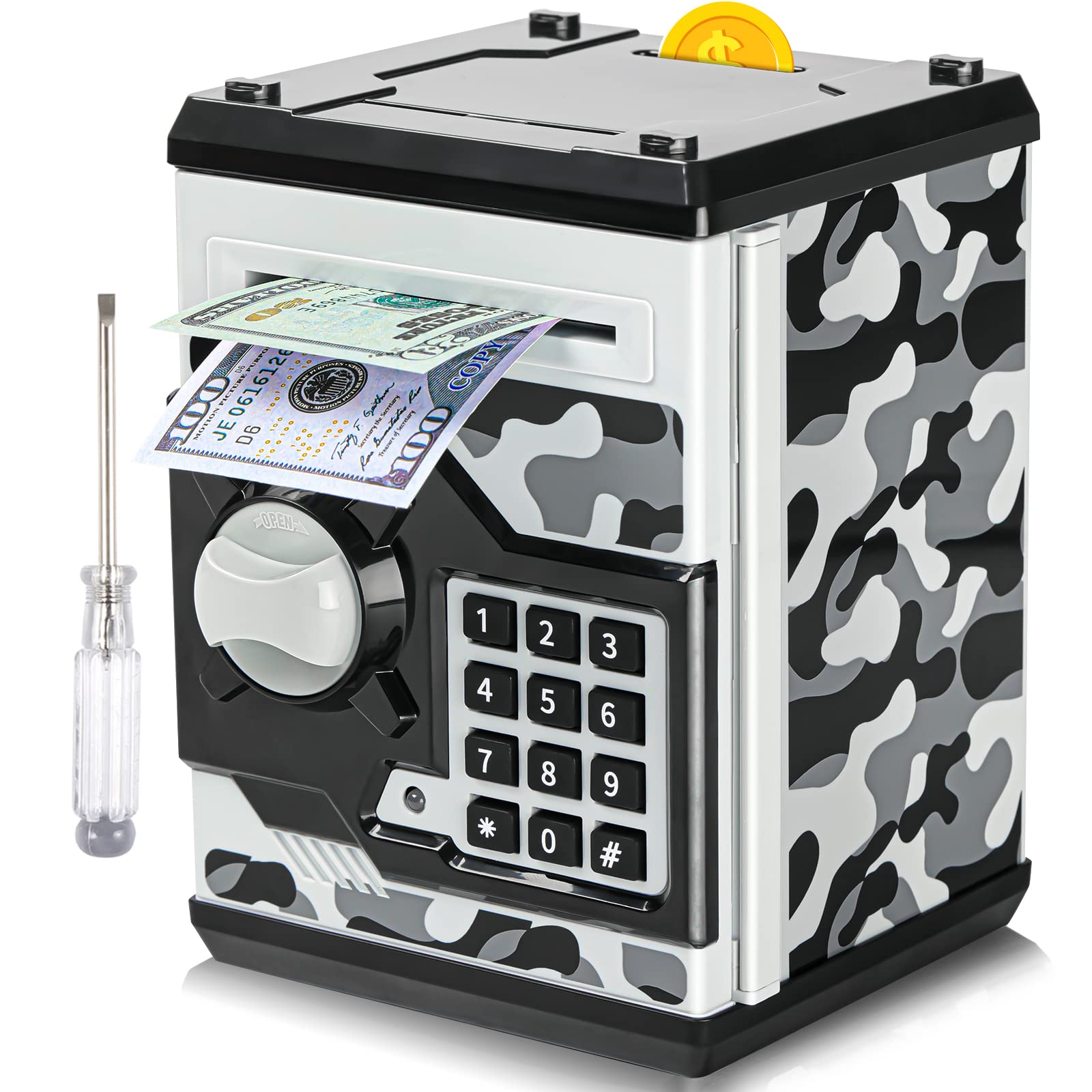 Vcertcpl ATM Piggy Bank camouflage gray front view highlights secure, kid-friendly savings.