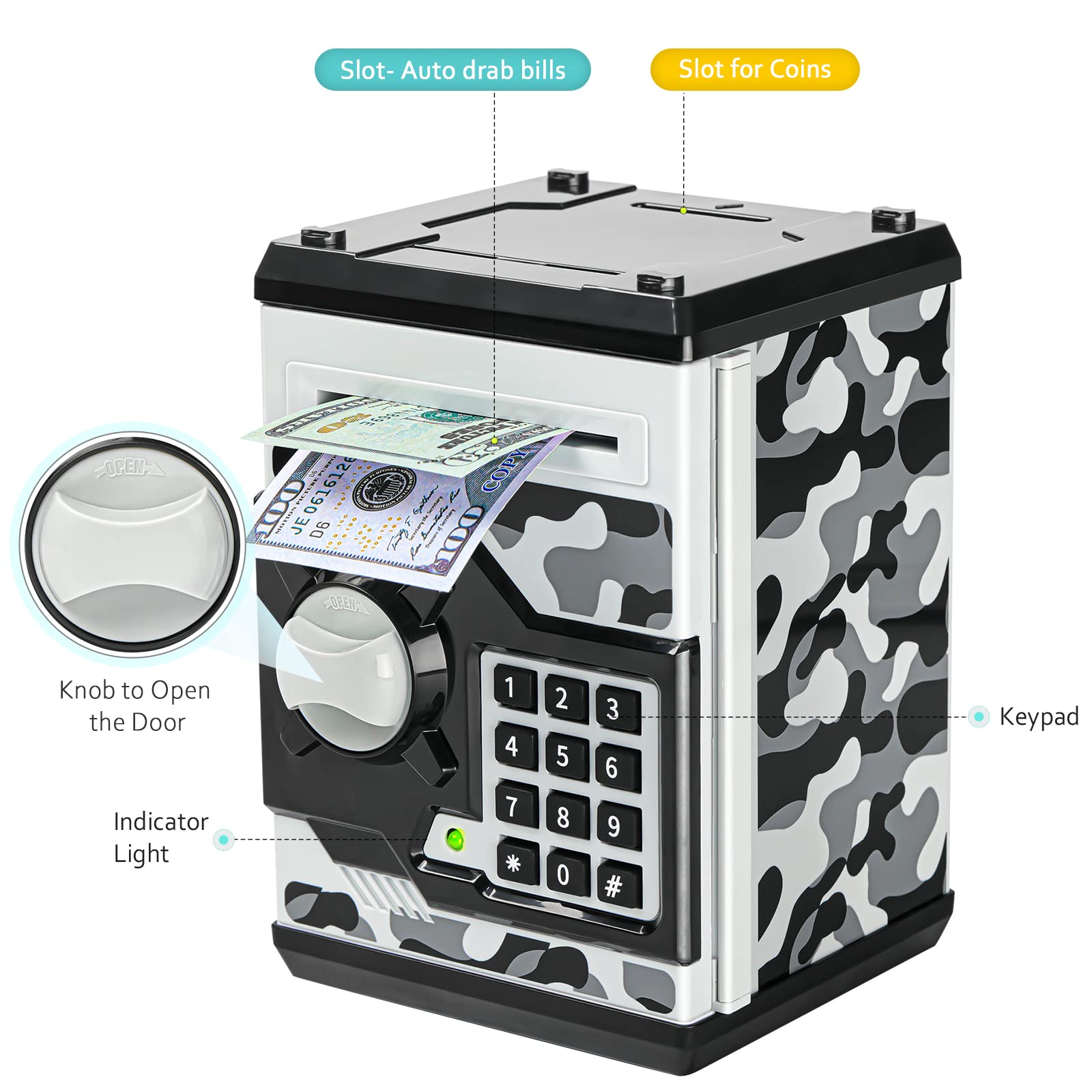 Vcertcpl ATM Piggy Bank camouflage gray inside slots for coins, bills, and keepsakes.