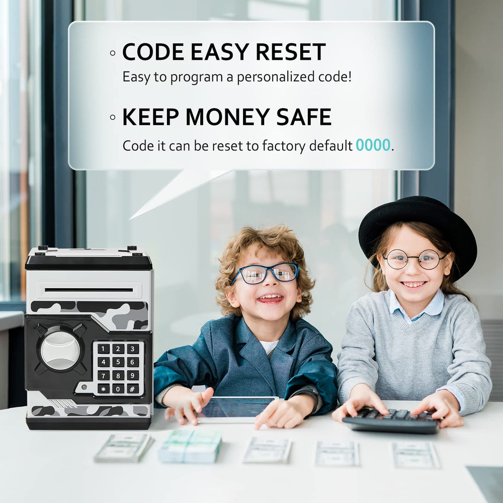 Vcertcpl ATM Piggy Bank camouflage gray keypad emphasizes easy, customizable security.