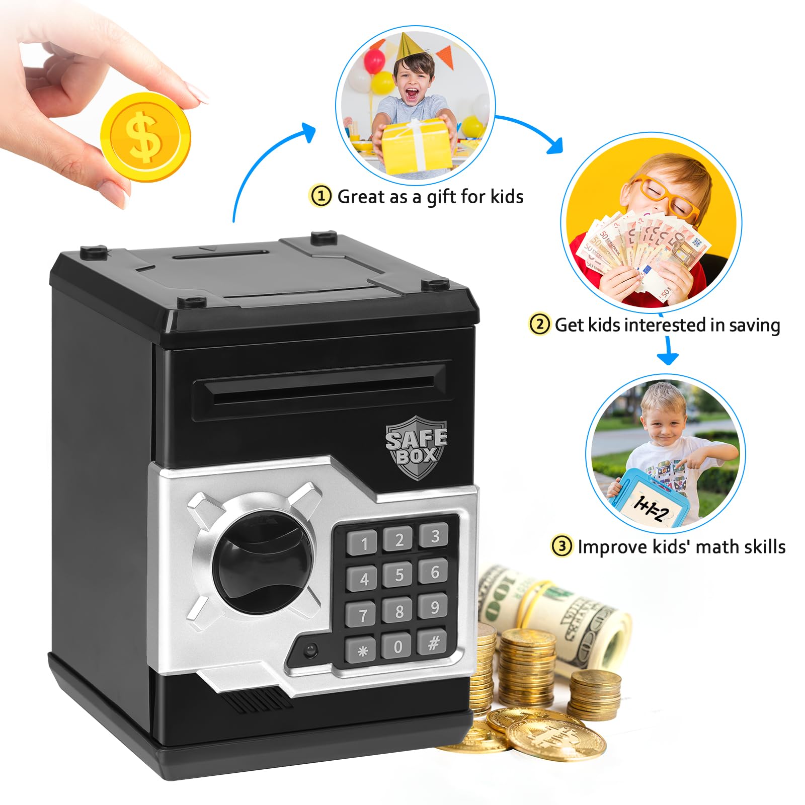 Vcertcpl ATM piggy bank code door showing 4 digit lock for kids