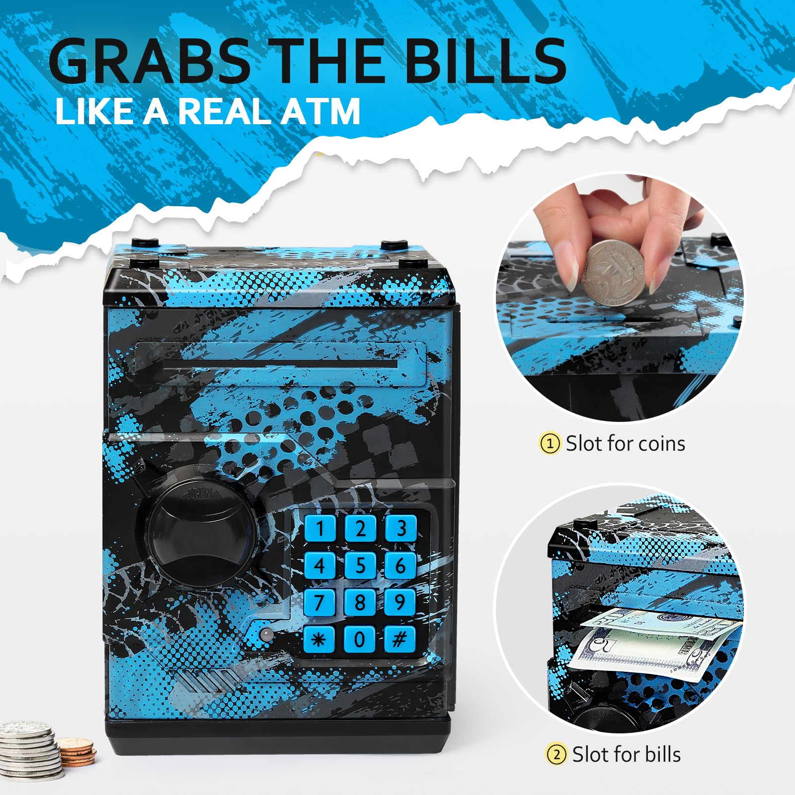Vcertcpl ATM piggy bank compact design suitable for desks and shelves.