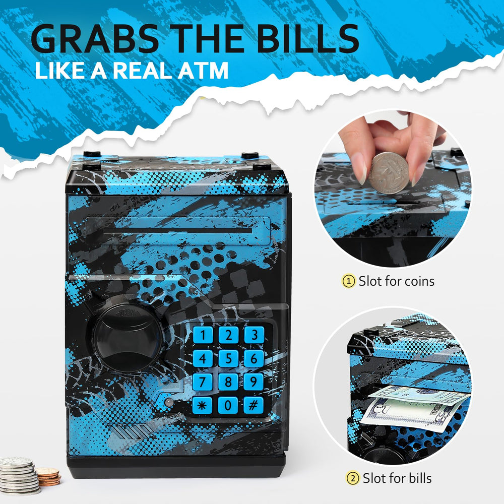 Vcertcpl ATM piggy bank compact design suitable for desks and shelves.