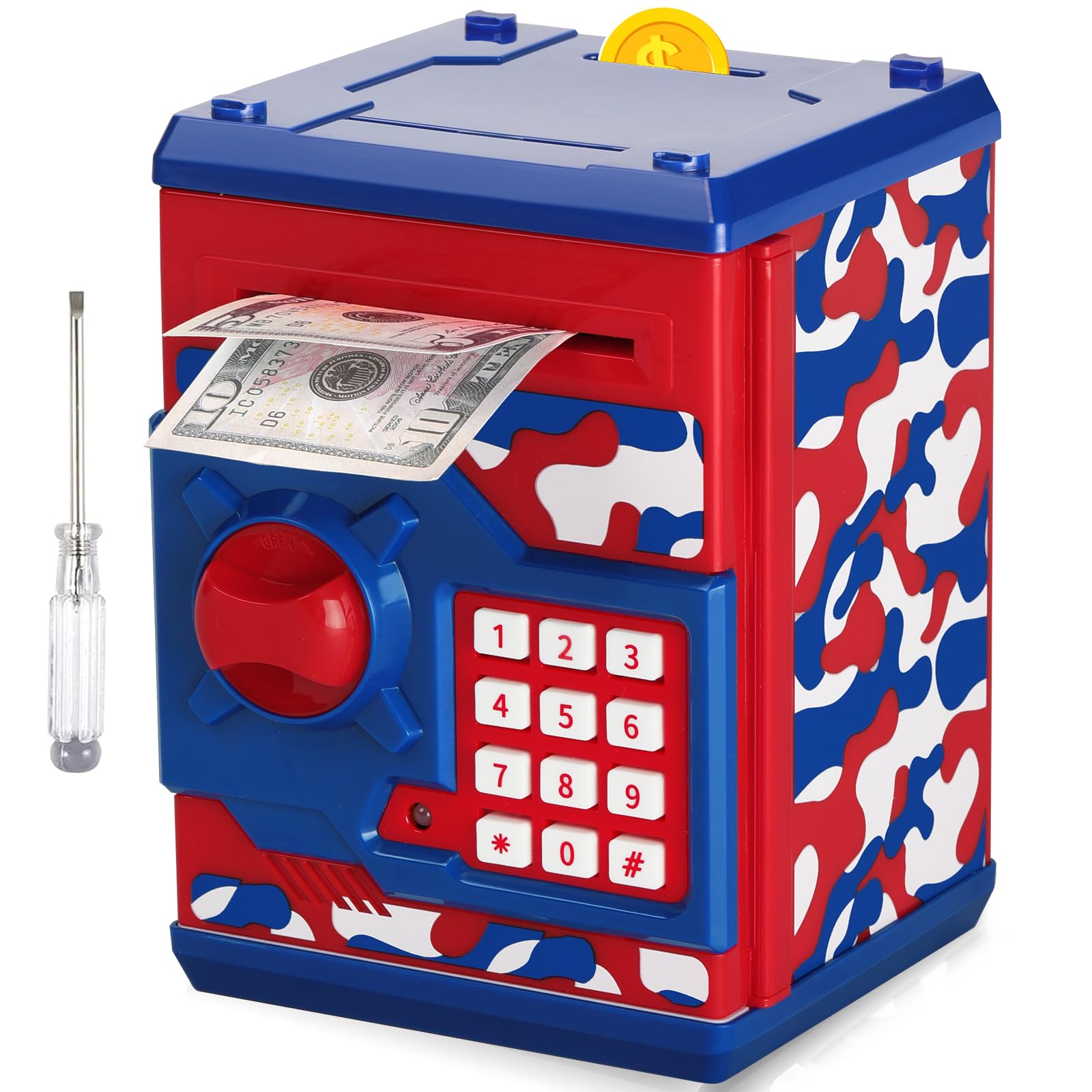 Vcertcpl ATM piggy bank front view with camouflage design and secure password access for kids.