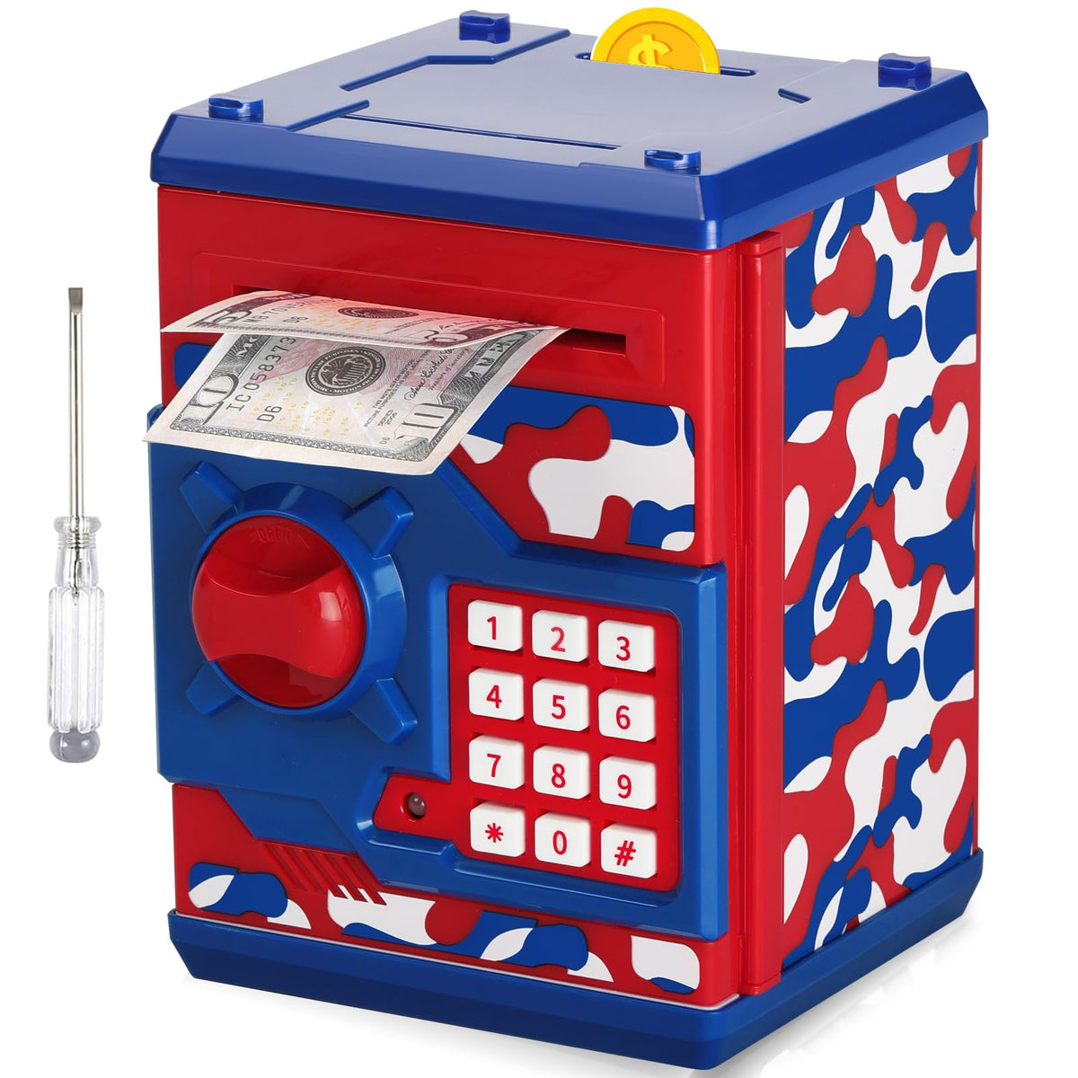 Vcertcpl ATM piggy bank front view with camouflage design and secure password access for kids.