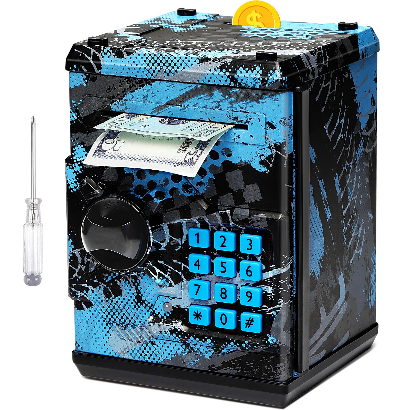 Vcertcpl ATM piggy bank front view with kid-friendly aesthetic for safe savings.
