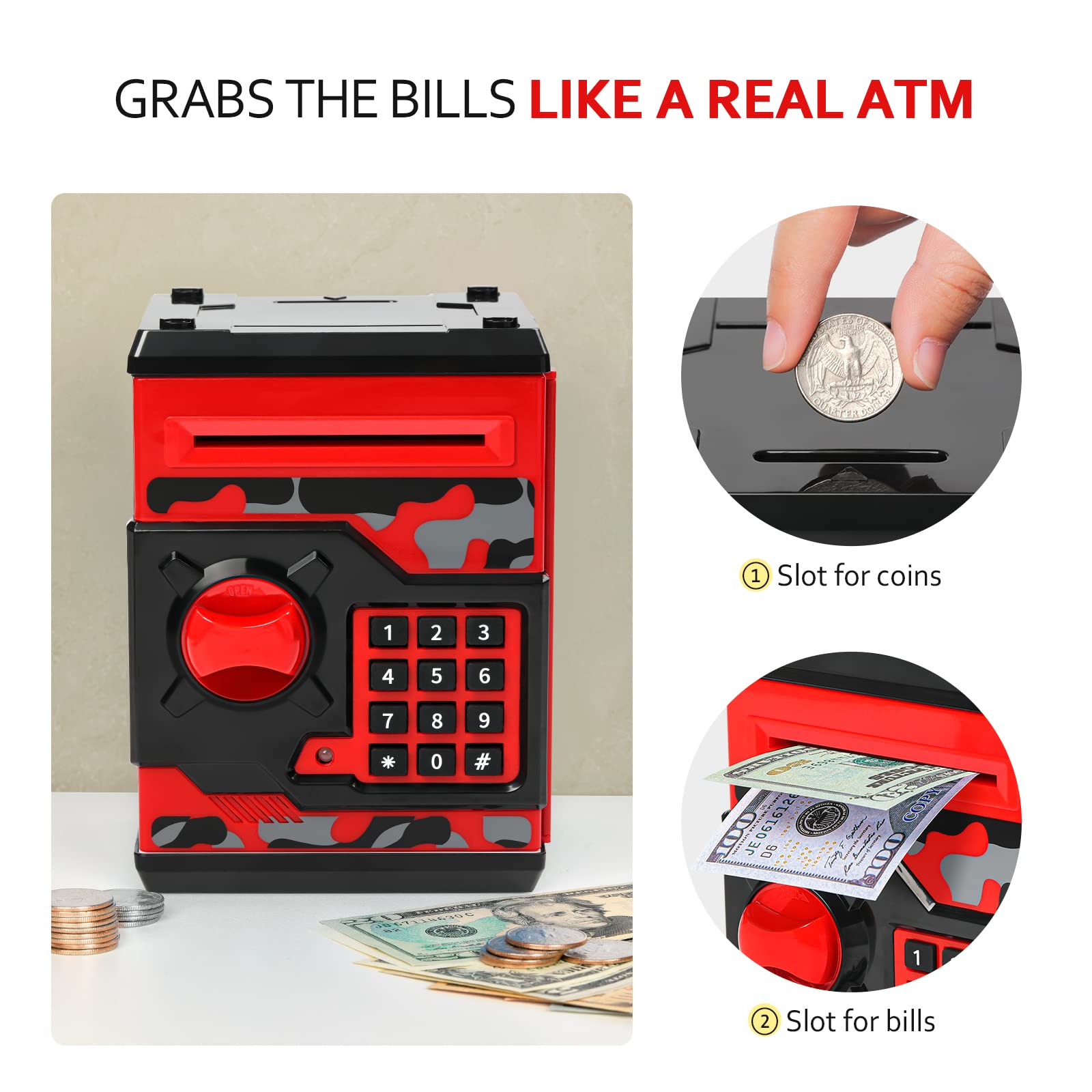 Vcertcpl ATM piggy bank interior capacity fits coins, notes, and small treasures