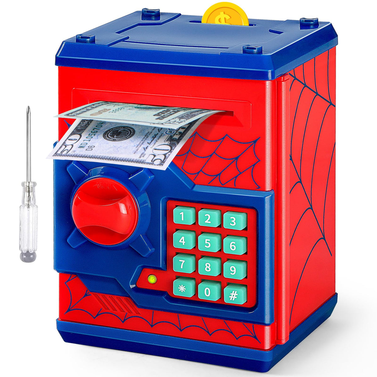 Vcertcpl ATM piggy bank for kids with 4-digit password door for secure savings.