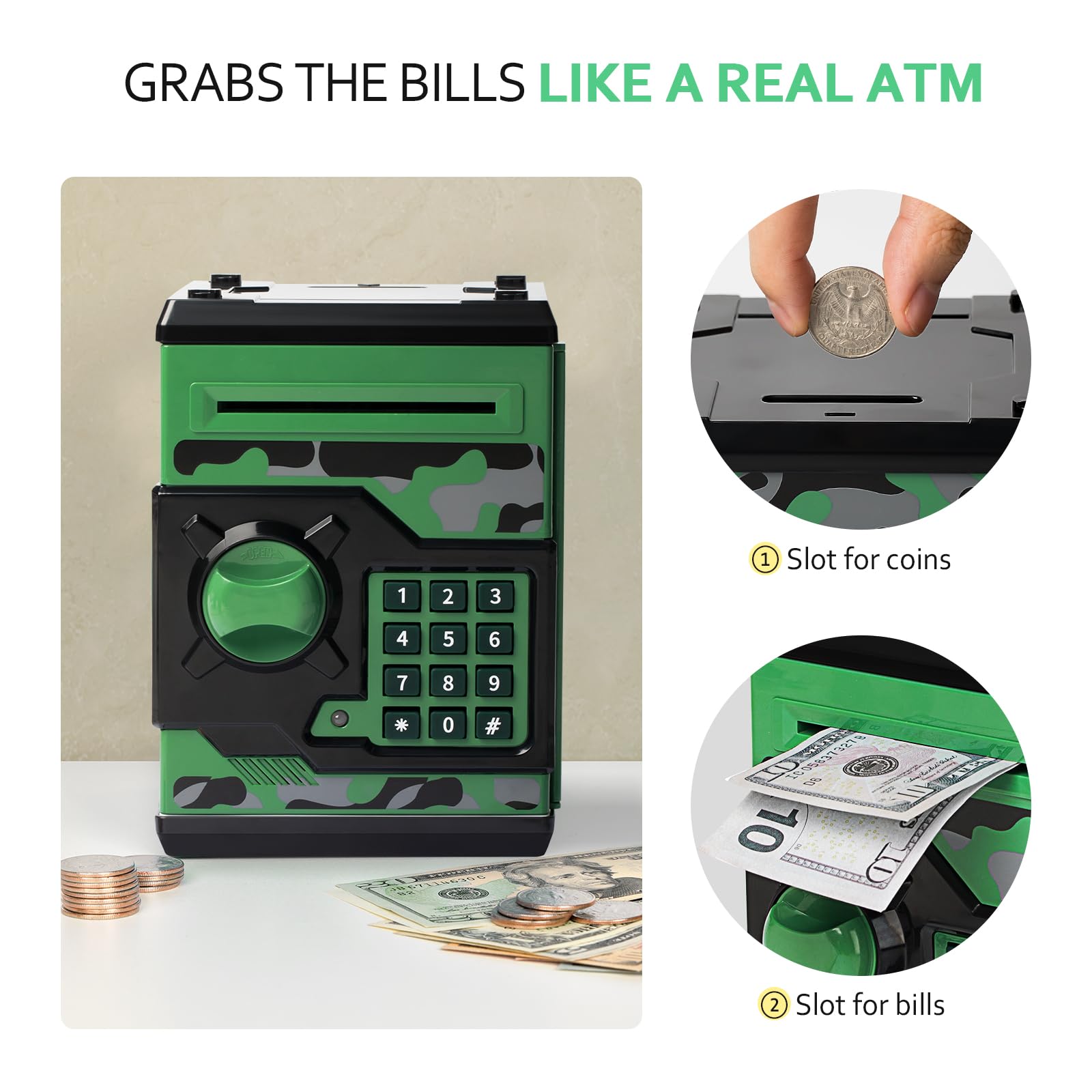 Vcertcpl ATM piggy bank kid-friendly design encourages saving habits.