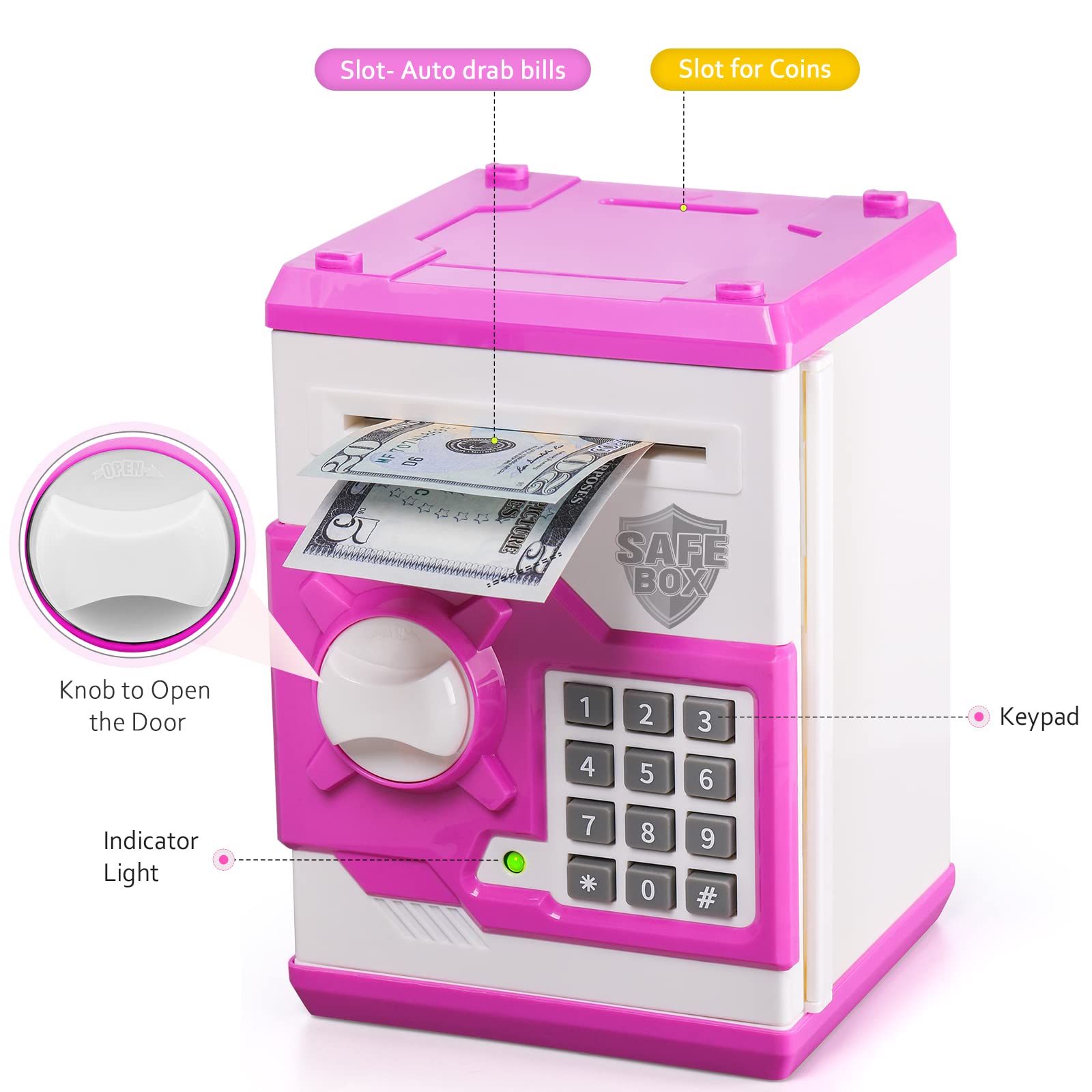 Vcertcpl ATM piggy bank open door showing password protection for kids' savings.