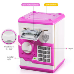 Vcertcpl ATM piggy bank open door showing password protection for kids' savings.
