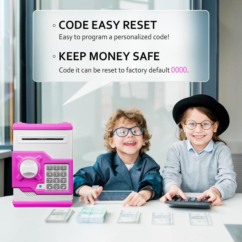 Vcertcpl ATM piggy bank with password pad highlights easy code setup for kids.
